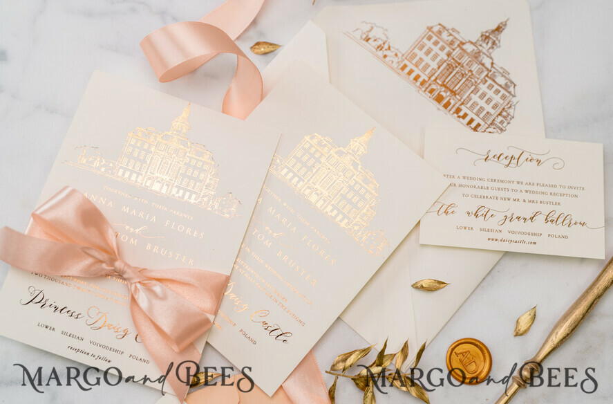 WEDDING INVITATIONS gold / rose gold / silver / glitter Wedding invitations handmade sketch with your venue