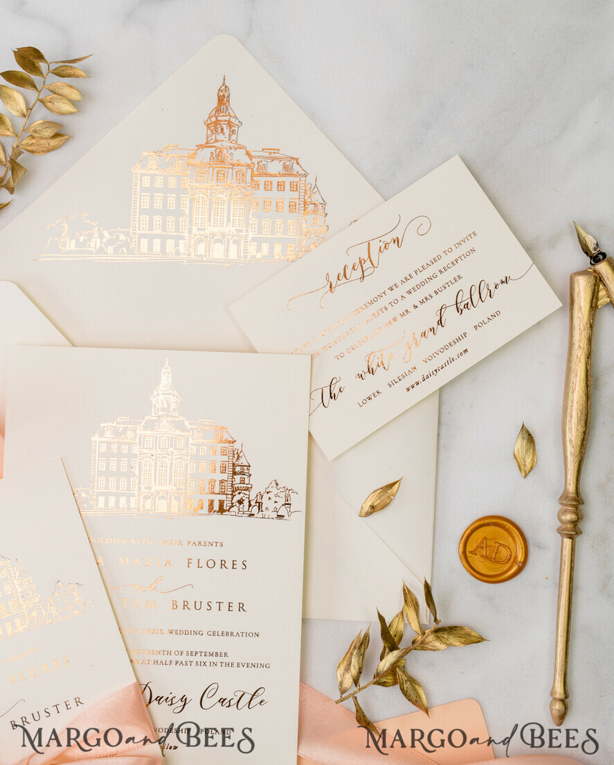 WEDDING INVITATIONS gold / rose gold / silver / glitter Luxury Gold Foil Wedding Invitations, Elegant Customized Venue Sketch Wedding Invites, Glamour Golden Shine Wedding Cards, Minimalistic Blush Pink Wedding Invitation Suite