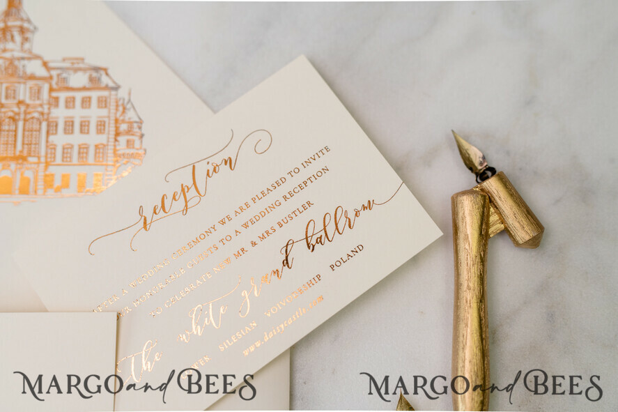 WEDDING INVITATIONS gold / rose gold / silver / glitter Luxury Gold Foil Wedding Invitations, Elegant Customized Venue Sketch Wedding Invites, Glamour Golden Shine Wedding Cards, Minimalistic Blush Pink Wedding Invitation Suite