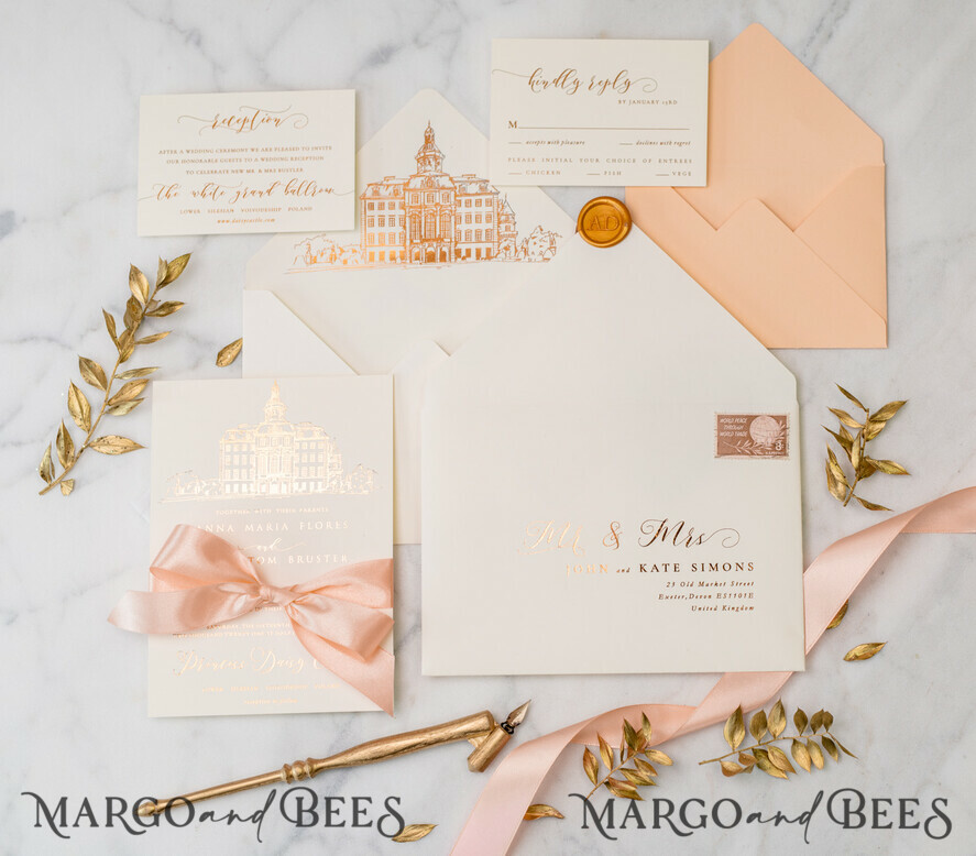 WEDDING INVITATIONS gold / rose gold / silver / glitter Wedding invitations handmade sketch with your venue