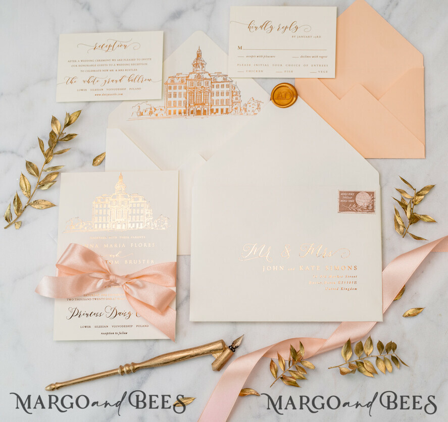 WEDDING INVITATIONS gold / rose gold / silver / glitter Wedding invitations handmade sketch with your venue