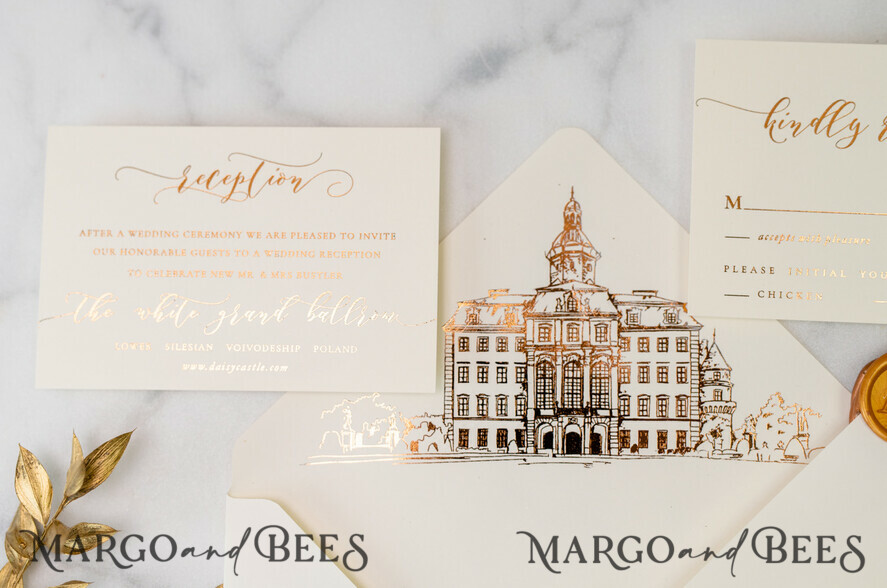 WEDDING INVITATIONS gold / rose gold / silver / glitter Luxury Gold Foil Wedding Invitations, Elegant Customized Venue Sketch Wedding Invites, Glamour Golden Shine Wedding Cards, Minimalistic Blush Pink Wedding Invitation Suite