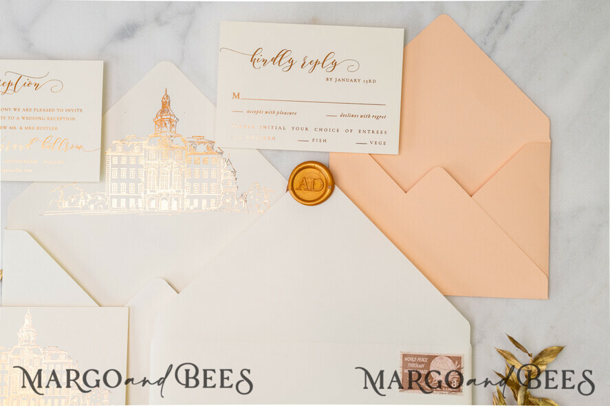 WEDDING INVITATIONS gold / rose gold / silver / glitter Wedding invitations handmade sketch with your venue