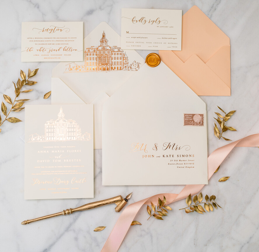 WEDDING INVITATIONS gold / rose gold / silver / glitter Wedding invitations handmade sketch with your venue
