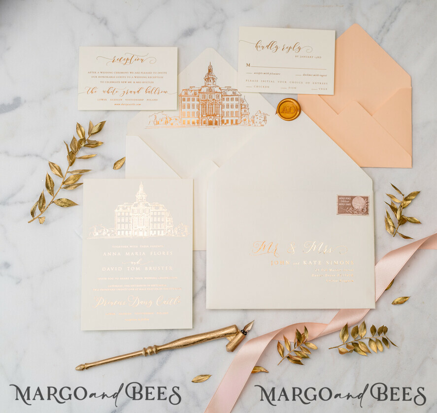 WEDDING INVITATIONS gold / rose gold / silver / glitter Wedding invitations handmade sketch with your venue