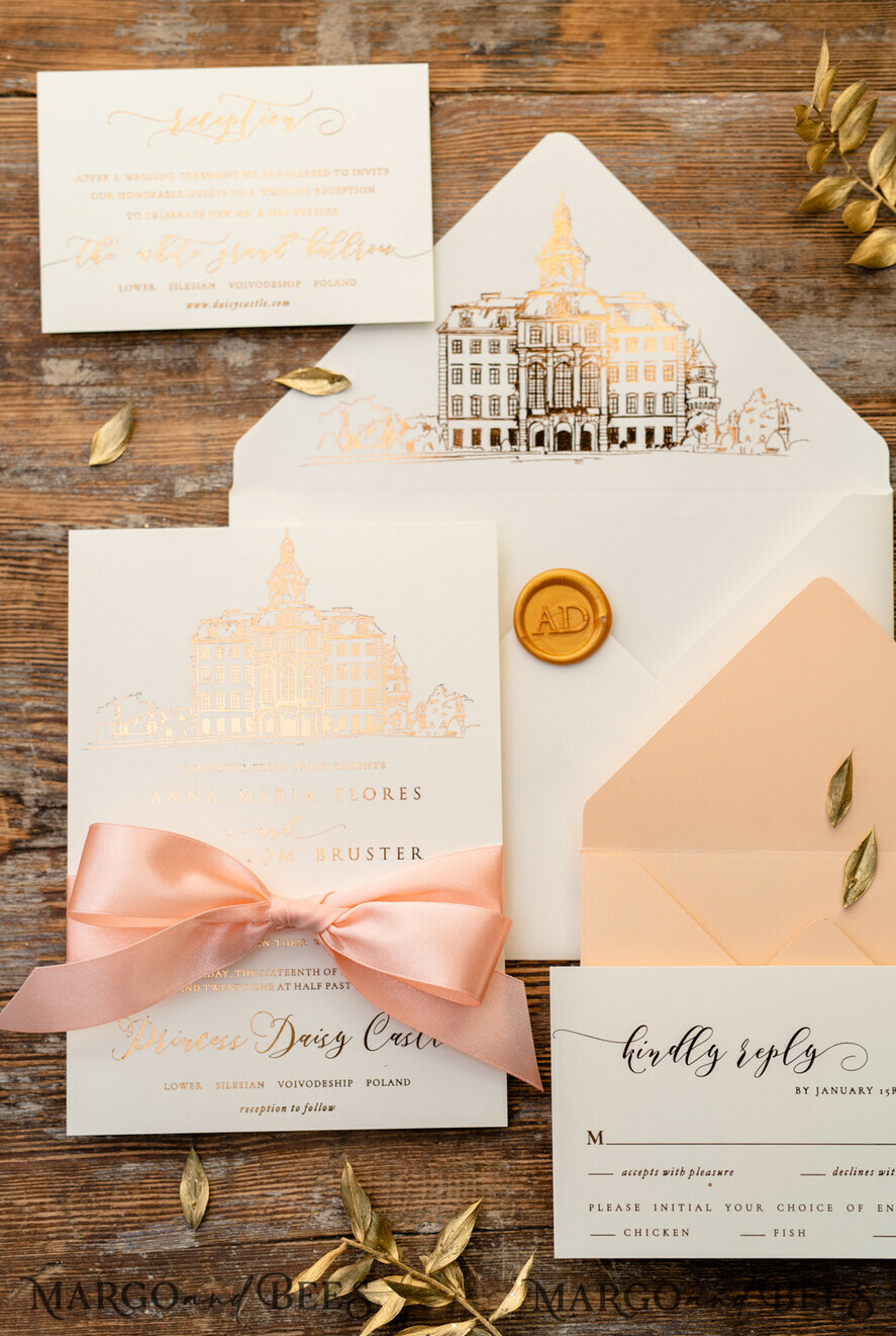 WEDDING INVITATIONS gold / rose gold / silver / glitter Wedding invitations handmade sketch with your venue