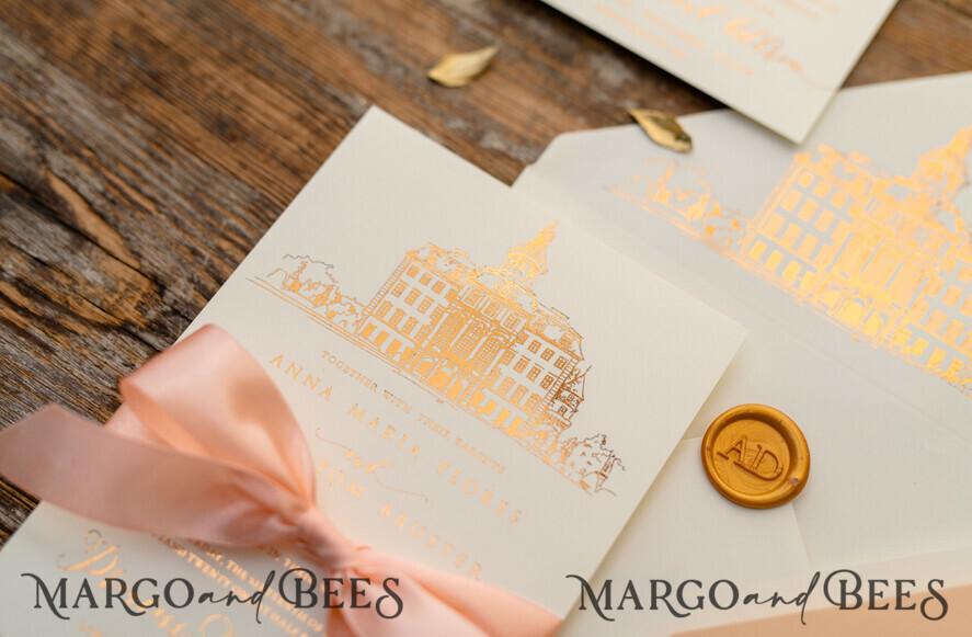 WEDDING INVITATIONS gold / rose gold / silver / glitter Wedding invitations handmade sketch with your venue