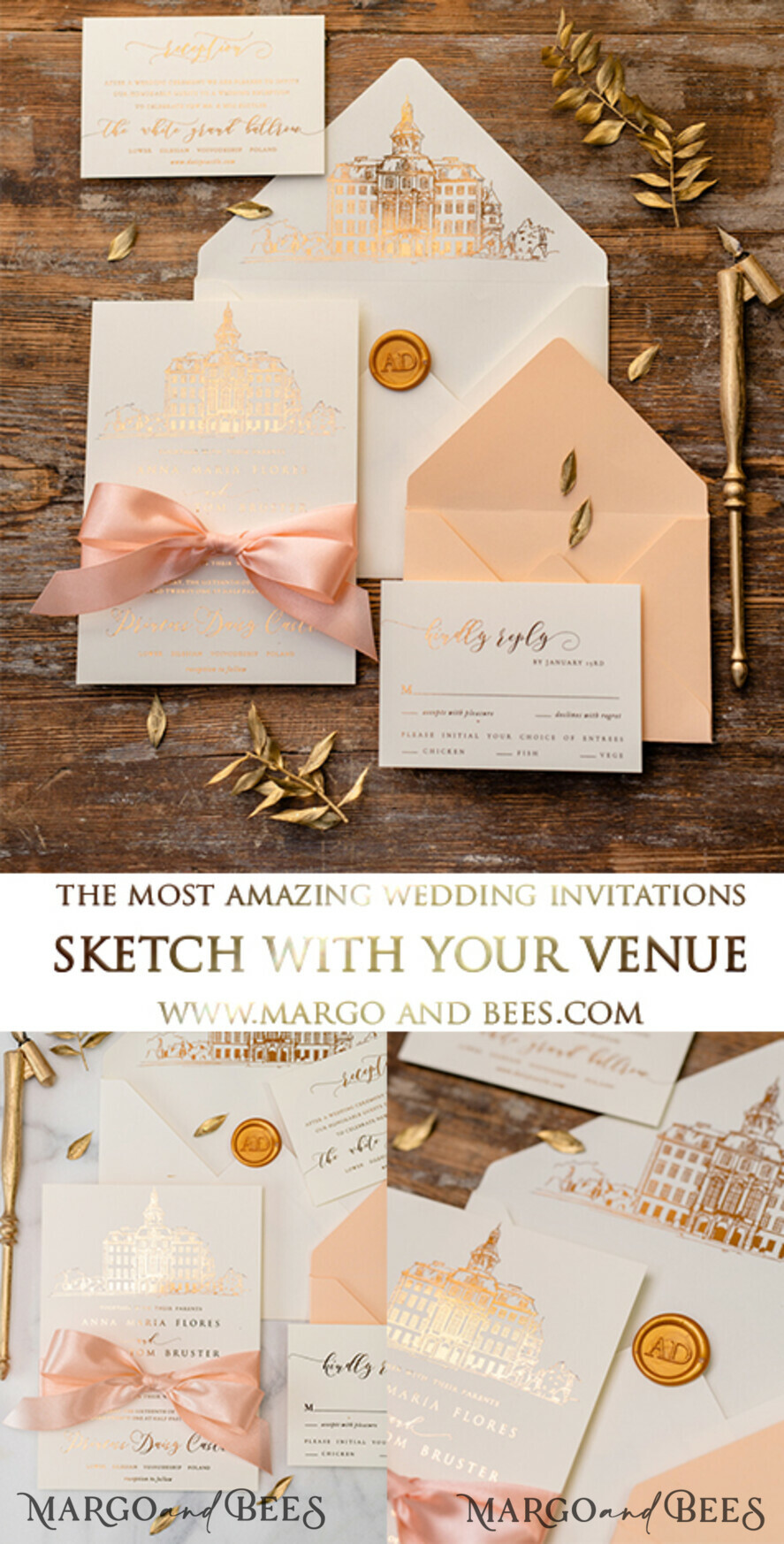 WEDDING INVITATIONS gold / rose gold / silver / glitter Wedding invitations handmade sketch with your venue