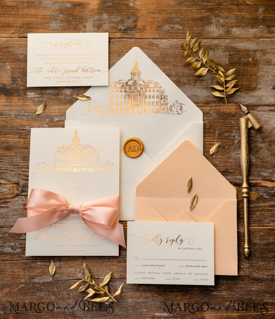 WEDDING INVITATIONS gold / rose gold / silver / glitter Wedding invitations handmade sketch with your venue