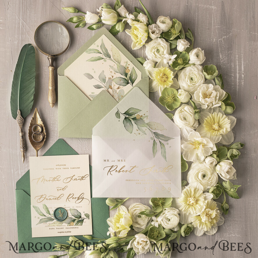HOCHZEITS EINLADUNGEN Gold / Roségold / Silber / Glitzer Elegante grüne Gold-Hochzeitseinladungen, luxuriöse Einladungskarten für Hochzeiten im Ausland, maßgeschneiderte Oliven-Hochzeitseinladungen, romantisches Griechenland-Hochzeitseinladungspaket.