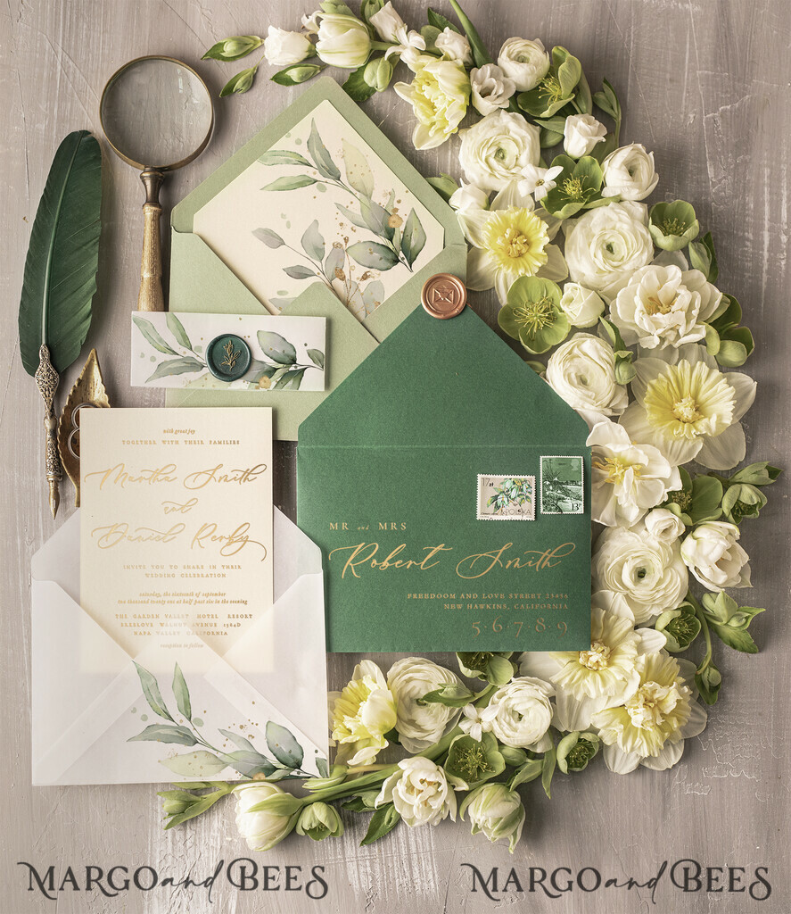 HOCHZEITS EINLADUNGEN Gold / Roségold / Silber / Glitzer Elegante grüne Gold-Hochzeitseinladungen, luxuriöse Einladungskarten für Hochzeiten im Ausland, maßgeschneiderte Oliven-Hochzeitseinladungen, romantisches Griechenland-Hochzeitseinladungspaket.