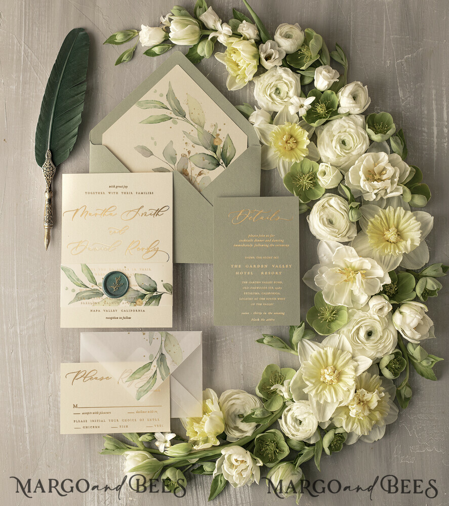 HOCHZEITS EINLADUNGEN Gold / Roségold / Silber / Glitzer Elegante grüne Gold-Hochzeitseinladungen, luxuriöse Einladungskarten für Hochzeiten im Ausland, maßgeschneiderte Oliven-Hochzeitseinladungen, romantisches Griechenland-Hochzeitseinladungspaket.