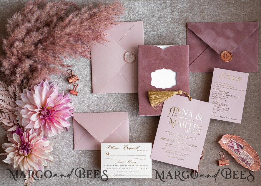 WEDDING INVITATIONS gold / rose gold / silver / glitter Glamour Pink Velvet Wedding Invitations, Luxury Golden Tassel Wedding Invitation Suite, Romantic Blush Pink Arabic Wedding Cards, Elegant Golden Shine Wedding Invites
