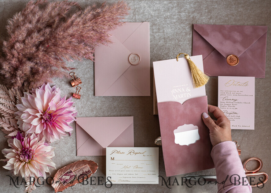 WEDDING INVITATIONS gold / rose gold / silver / glitter Glamour Pink Velvet Wedding Invitations, Luxury Golden Tassel Wedding Invitation Suite, Romantic Blush Pink Arabic Wedding Cards, Elegant Golden Shine Wedding Invites