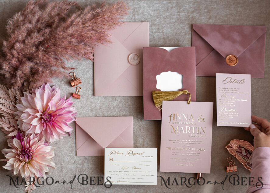WEDDING INVITATIONS gold / rose gold / silver / glitter Glamour Pink Velvet Wedding Invitations, Luxury Golden Tassel Wedding Invitation Suite, Romantic Blush Pink Arabic Wedding Cards, Elegant Golden Shine Wedding Invites