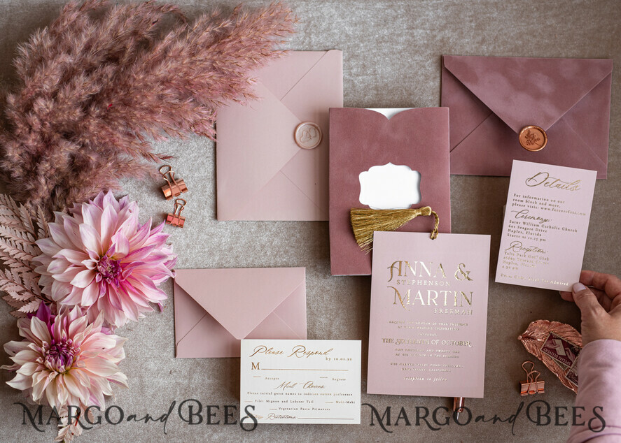 WEDDING INVITATIONS gold / rose gold / silver / glitter Glamour Pink Velvet Wedding Invitations, Luxury Golden Tassel Wedding Invitation Suite, Romantic Blush Pink Arabic Wedding Cards, Elegant Golden Shine Wedding Invites