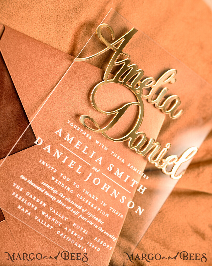 WEDDING INVITATIONS gold / rose gold / silver / glitter Bespoke Acrylic Gold wedding invitation set, Luxury Velvet Wedding Invitations terracotta gold, Glamour Wedding Invitation Suite, 3D Gold mirror fall copper invites , Wedding Cards