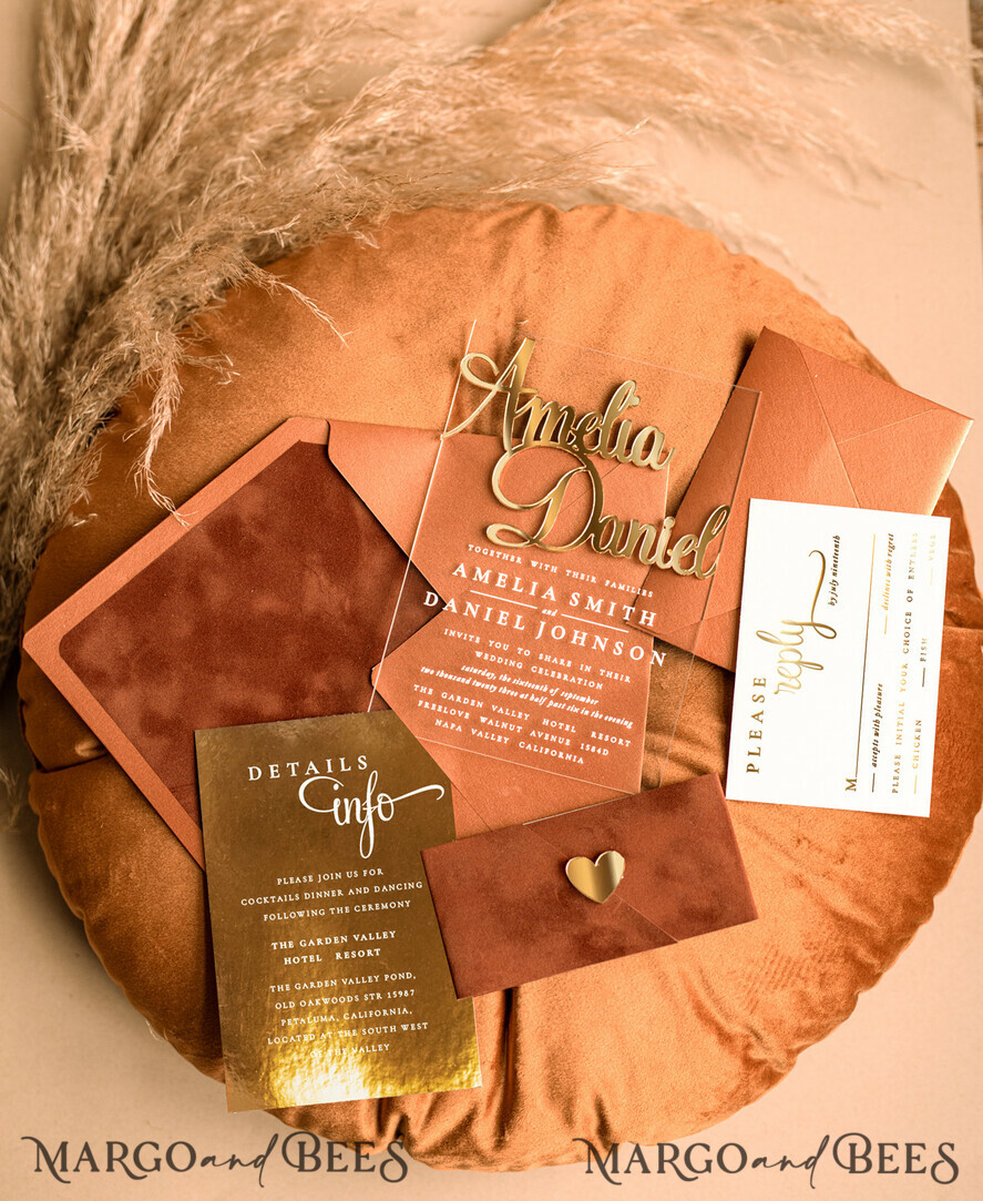 WEDDING INVITATIONS gold / rose gold / silver / glitter Bespoke Acrylic Gold wedding invitation set, Luxury Velvet Wedding Invitations terracotta gold, Glamour Wedding Invitation Suite, 3D Gold mirror fall copper invites , Wedding Cards