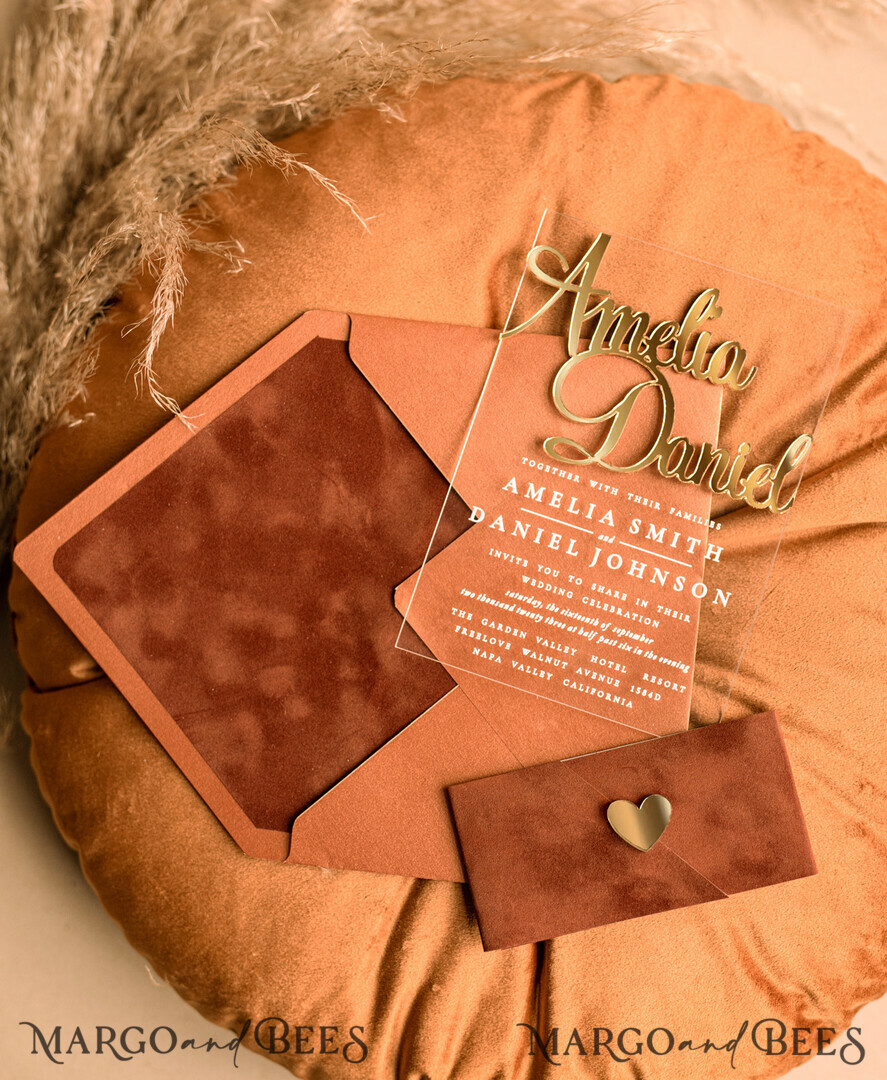 WEDDING INVITATIONS gold / rose gold / silver / glitter Bespoke Acrylic Gold wedding invitation set, Luxury Velvet Wedding Invitations terracotta gold, Glamour Wedding Invitation Suite, 3D Gold mirror fall copper invites , Wedding Cards
