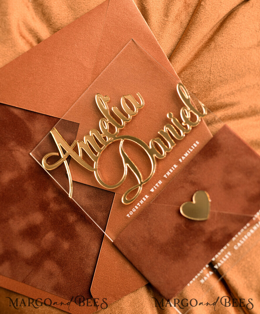WEDDING INVITATIONS gold / rose gold / silver / glitter Bespoke Acrylic Gold wedding invitation set, Luxury Velvet Wedding Invitations terracotta gold, Glamour Wedding Invitation Suite, 3D Gold mirror fall copper invites , Wedding Cards
