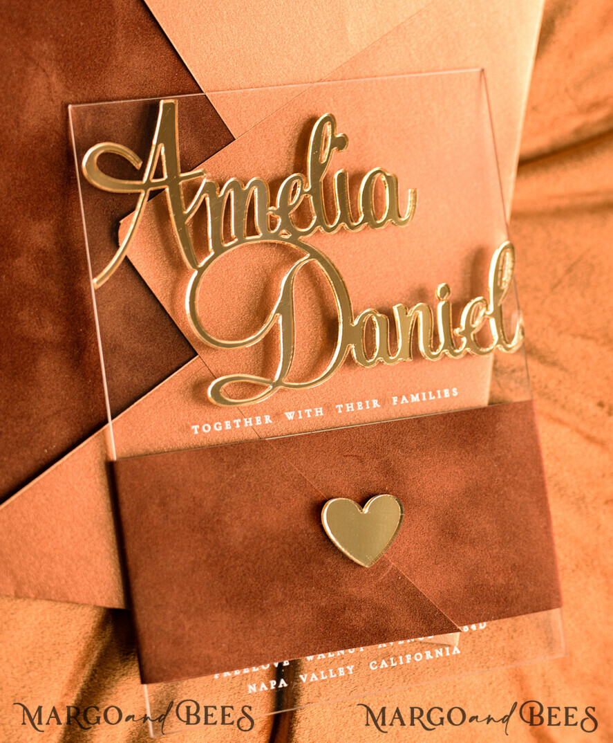 WEDDING INVITATIONS gold / rose gold / silver / glitter Bespoke Acrylic Gold wedding invitation set, Luxury Velvet Wedding Invitations terracotta gold, Glamour Wedding Invitation Suite, 3D Gold mirror fall copper invites , Wedding Cards