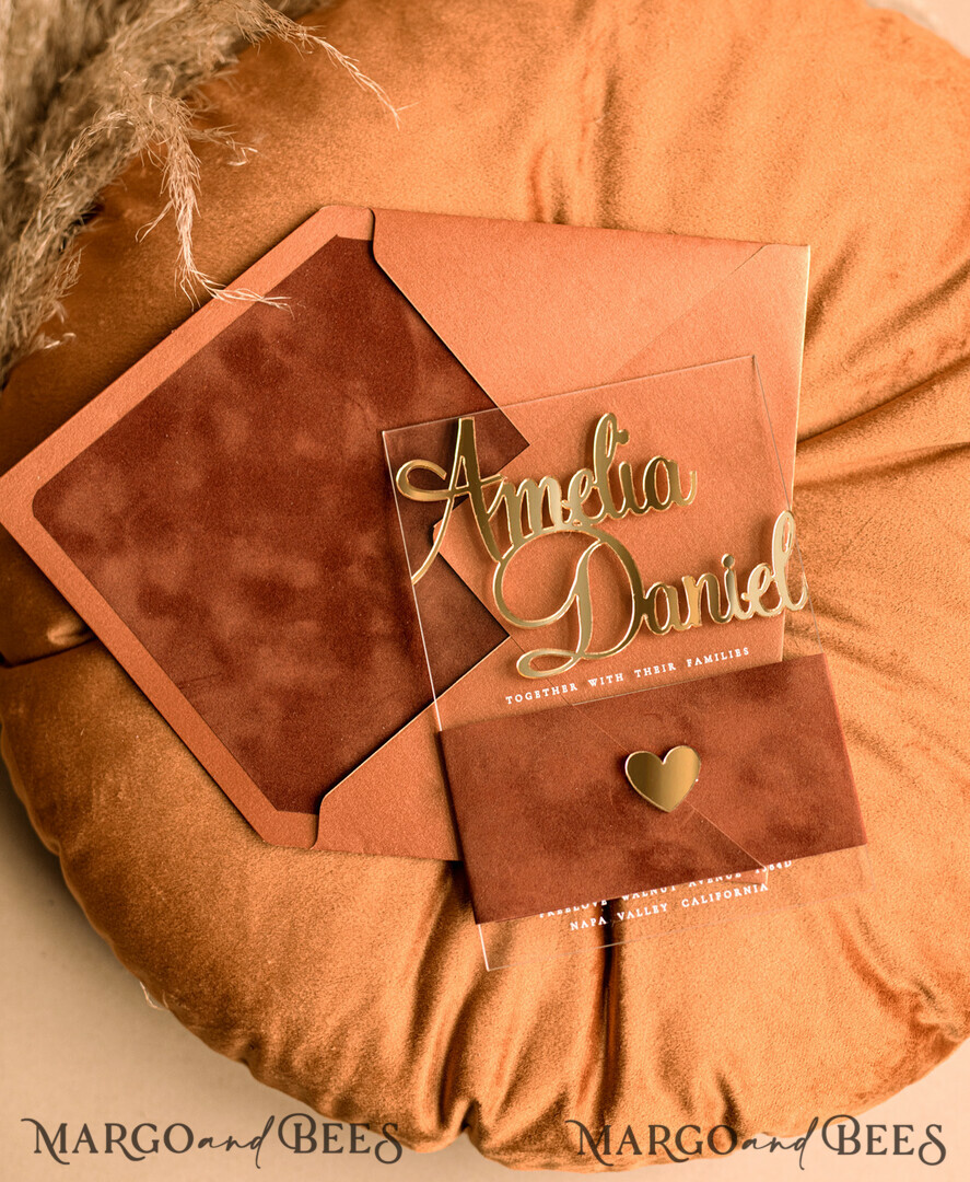 WEDDING INVITATIONS gold / rose gold / silver / glitter Bespoke Acrylic Gold wedding invitation set, Luxury Velvet Wedding Invitations terracotta gold, Glamour Wedding Invitation Suite, 3D Gold mirror fall copper invites , Wedding Cards