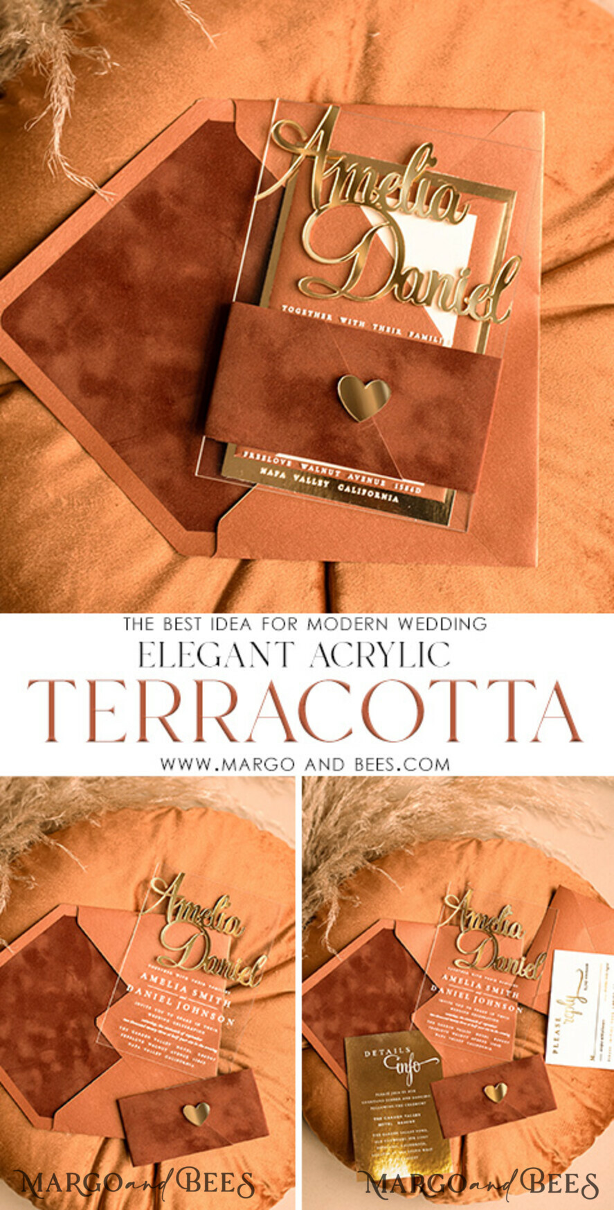 WEDDING INVITATIONS gold / rose gold / silver / glitter Bespoke Acrylic Gold wedding invitation set, Luxury Velvet Wedding Invitations terracotta gold, Glamour Wedding Invitation Suite, 3D Gold mirror fall copper invites , Wedding Cards