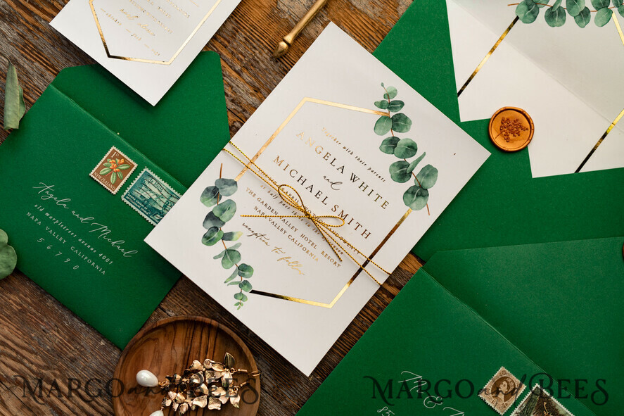 HOCHZEITS EINLADUNGEN Gold / Roségold / Silber / Glitzer Elegante Eukalyptus-Hochzeitseinladungen, glamouröse goldene Hochzeitskarten, maßgeschneiderte Grünpflanzen-Gold-Hochzeitseinladungen, minimalistische Hochzeitseinladungssuite.
