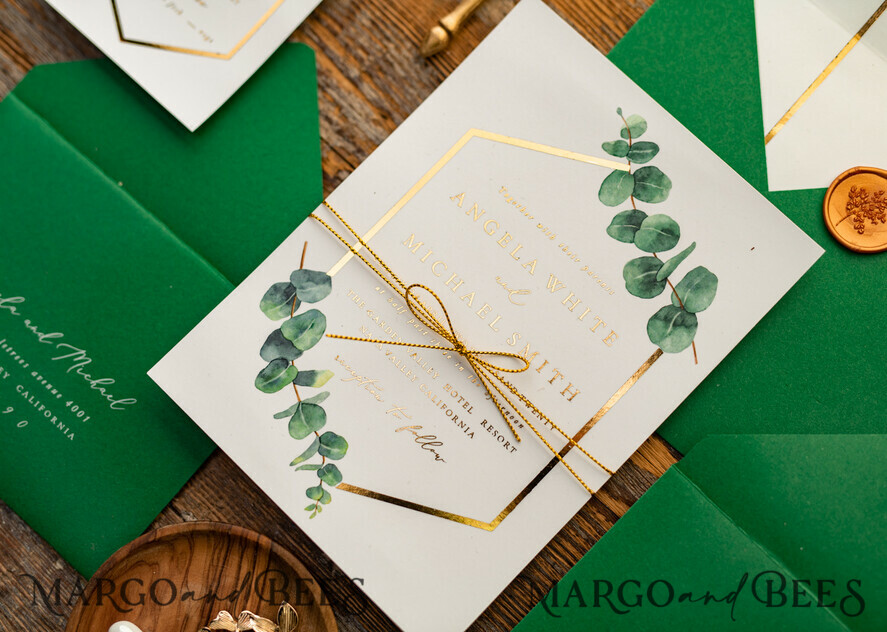 HOCHZEITS EINLADUNGEN Gold / Roségold / Silber / Glitzer Elegante Eukalyptus-Hochzeitseinladungen, glamouröse goldene Hochzeitskarten, maßgeschneiderte Grünpflanzen-Gold-Hochzeitseinladungen, minimalistische Hochzeitseinladungssuite.