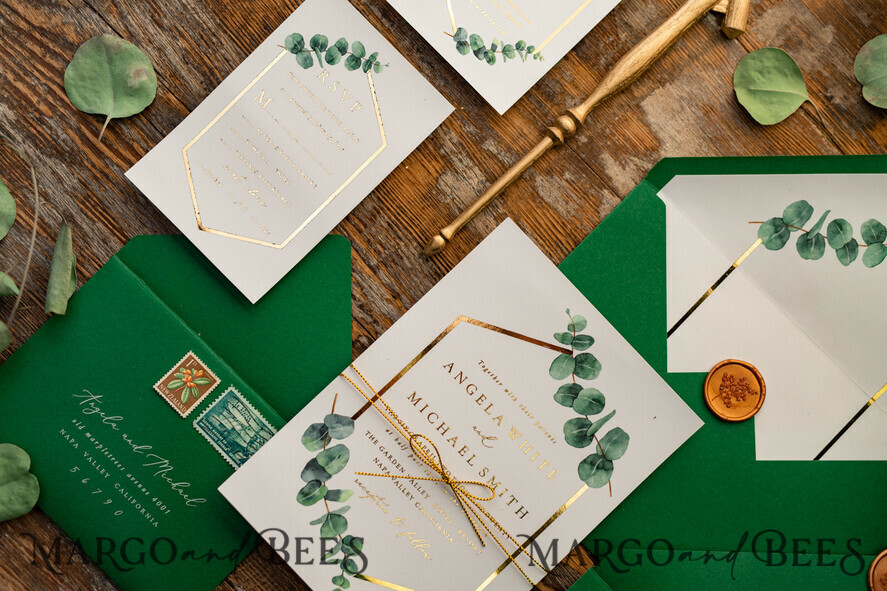HOCHZEITS EINLADUNGEN Gold / Roségold / Silber / Glitzer Elegante Eukalyptus-Hochzeitseinladungen, glamouröse goldene Hochzeitskarten, maßgeschneiderte Grünpflanzen-Gold-Hochzeitseinladungen, minimalistische Hochzeitseinladungssuite.