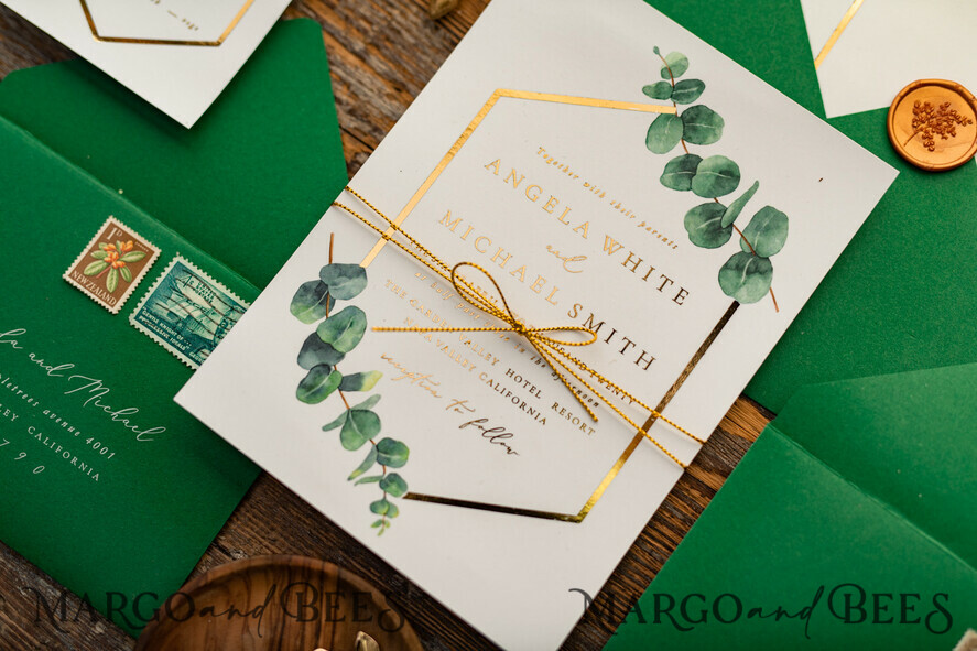 HOCHZEITS EINLADUNGEN Gold / Roségold / Silber / Glitzer Elegante Eukalyptus-Hochzeitseinladungen, glamouröse goldene Hochzeitskarten, maßgeschneiderte Grünpflanzen-Gold-Hochzeitseinladungen, minimalistische Hochzeitseinladungssuite.