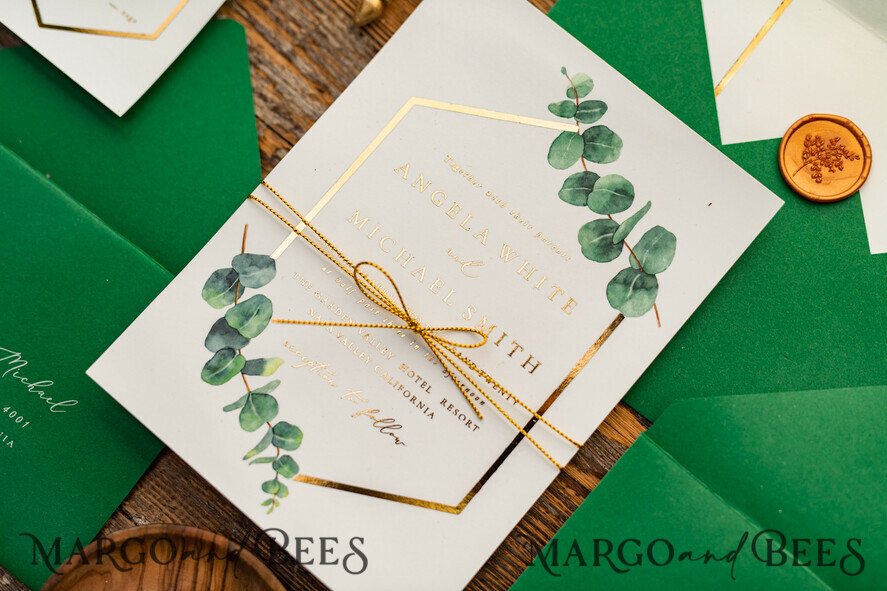 HOCHZEITS EINLADUNGEN Gold / Roségold / Silber / Glitzer Elegante Eukalyptus-Hochzeitseinladungen, glamouröse goldene Hochzeitskarten, maßgeschneiderte Grünpflanzen-Gold-Hochzeitseinladungen, minimalistische Hochzeitseinladungssuite.
