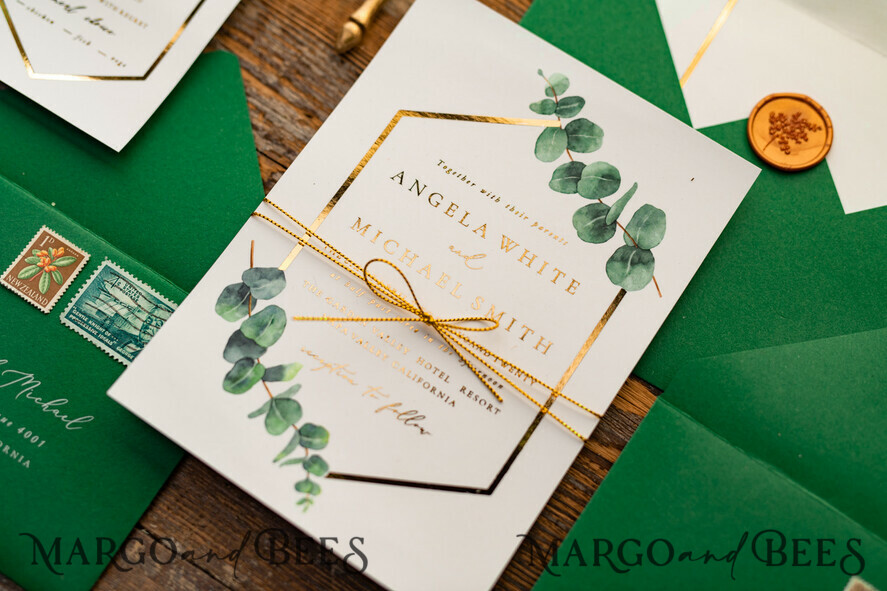 HOCHZEITS EINLADUNGEN Gold / Roségold / Silber / Glitzer Elegante Eukalyptus-Hochzeitseinladungen, glamouröse goldene Hochzeitskarten, maßgeschneiderte Grünpflanzen-Gold-Hochzeitseinladungen, minimalistische Hochzeitseinladungssuite.