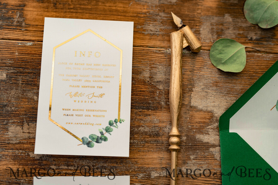 HOCHZEITS EINLADUNGEN Gold / Roségold / Silber / Glitzer Elegante Eukalyptus-Hochzeitseinladungen, glamouröse goldene Hochzeitskarten, maßgeschneiderte Grünpflanzen-Gold-Hochzeitseinladungen, minimalistische Hochzeitseinladungssuite.