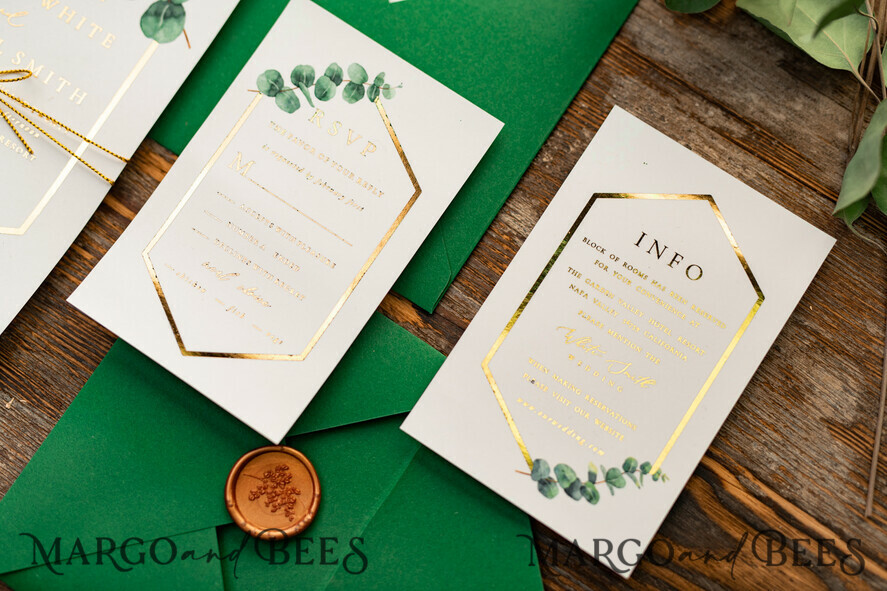 HOCHZEITS EINLADUNGEN Gold / Roségold / Silber / Glitzer Elegante Eukalyptus-Hochzeitseinladungen, glamouröse goldene Hochzeitskarten, maßgeschneiderte Grünpflanzen-Gold-Hochzeitseinladungen, minimalistische Hochzeitseinladungssuite.