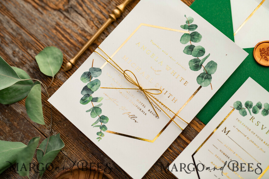 HOCHZEITS EINLADUNGEN Gold / Roségold / Silber / Glitzer Elegante Eukalyptus-Hochzeitseinladungen, glamouröse goldene Hochzeitskarten, maßgeschneiderte Grünpflanzen-Gold-Hochzeitseinladungen, minimalistische Hochzeitseinladungssuite.