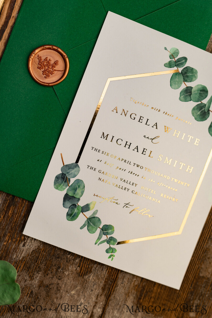 HOCHZEITS EINLADUNGEN Gold / Roségold / Silber / Glitzer Elegante Eukalyptus-Hochzeitseinladungen, glamouröse goldene Hochzeitskarten, maßgeschneiderte Grünpflanzen-Gold-Hochzeitseinladungen, minimalistische Hochzeitseinladungssuite.