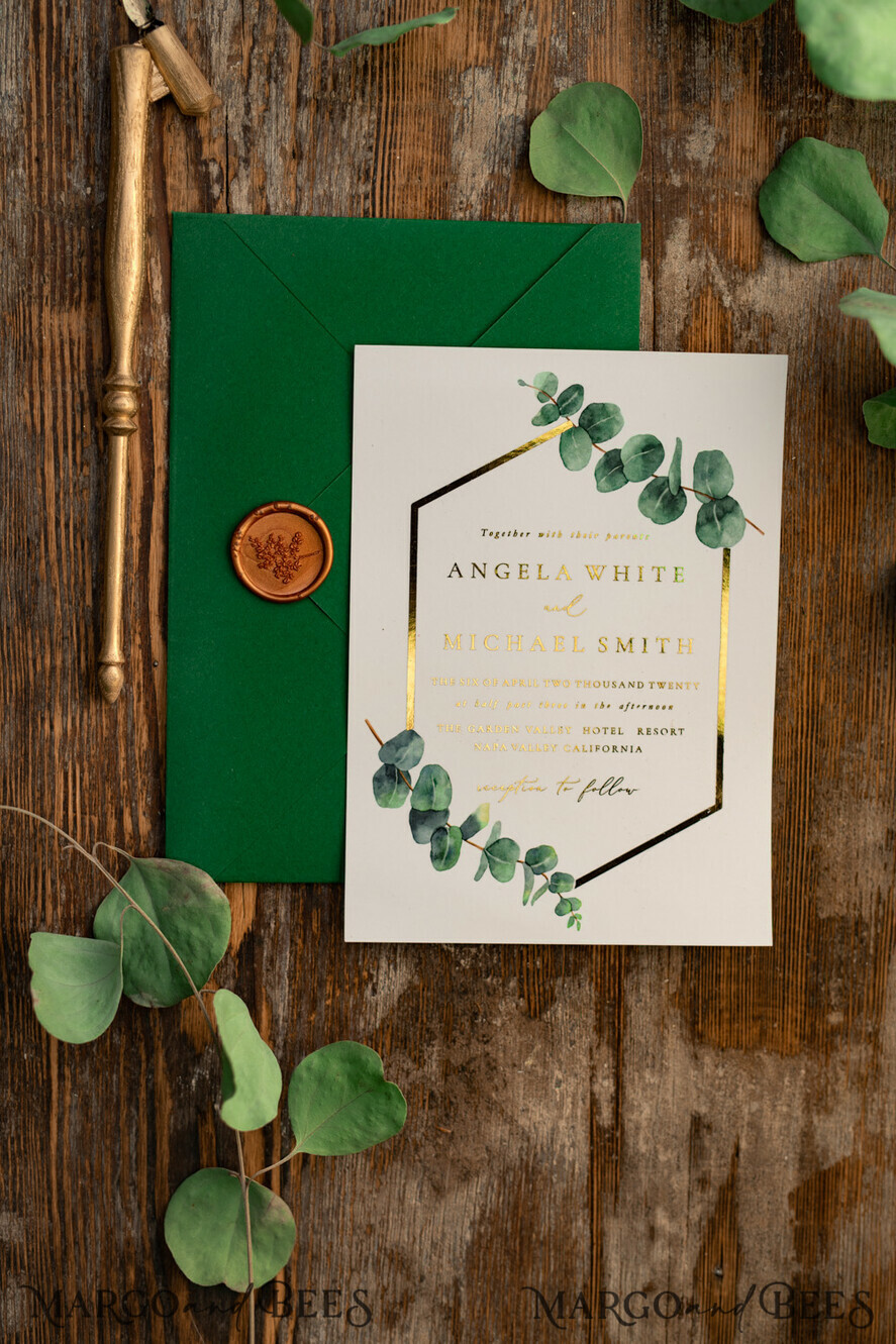 HOCHZEITS EINLADUNGEN Gold / Roségold / Silber / Glitzer Elegante Eukalyptus-Hochzeitseinladungen, glamouröse goldene Hochzeitskarten, maßgeschneiderte Grünpflanzen-Gold-Hochzeitseinladungen, minimalistische Hochzeitseinladungssuite.