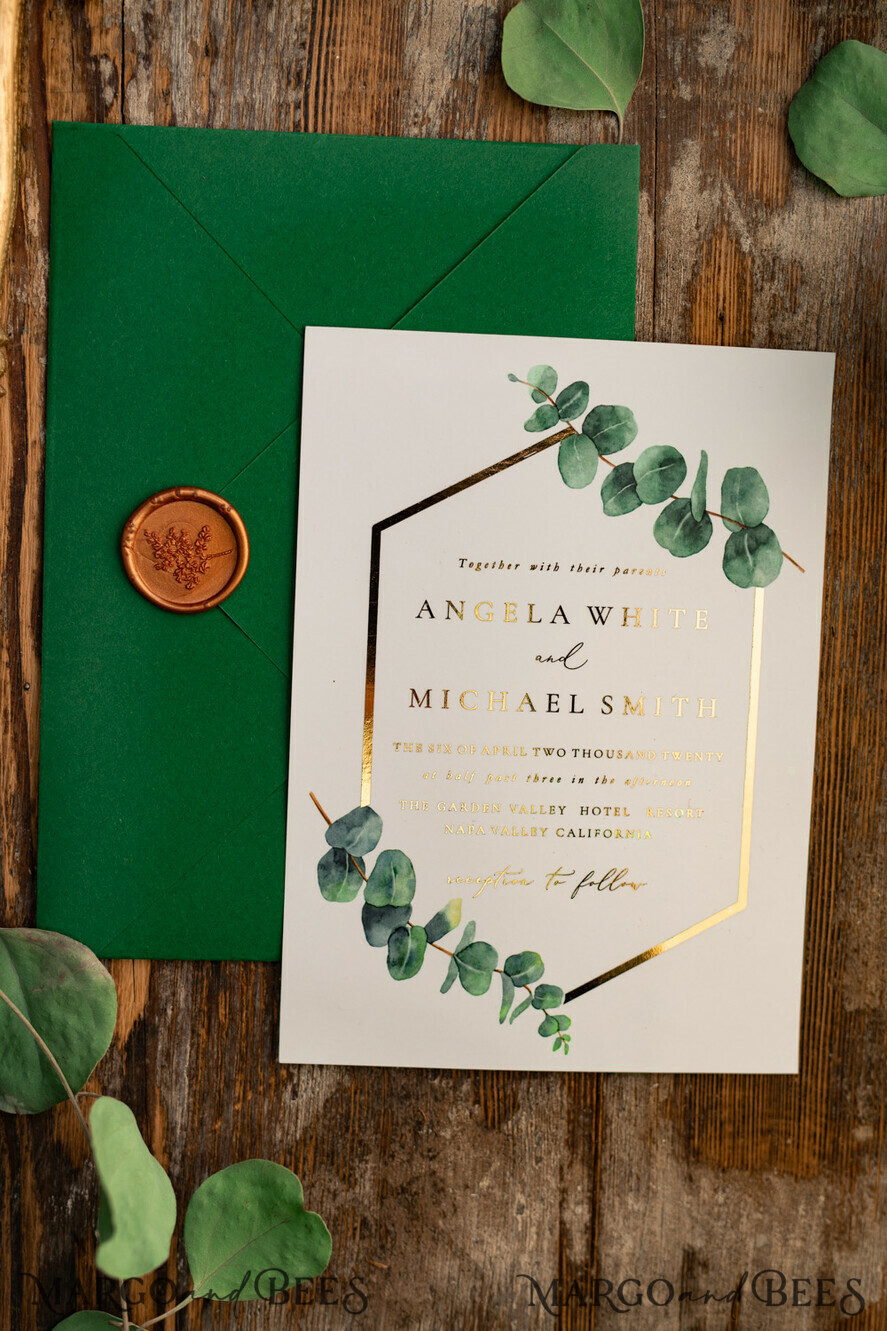 HOCHZEITS EINLADUNGEN Gold / Roségold / Silber / Glitzer Elegante Eukalyptus-Hochzeitseinladungen, glamouröse goldene Hochzeitskarten, maßgeschneiderte Grünpflanzen-Gold-Hochzeitseinladungen, minimalistische Hochzeitseinladungssuite.