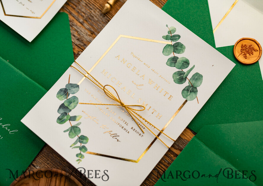 HOCHZEITS EINLADUNGEN Gold / Roségold / Silber / Glitzer Elegante Eukalyptus-Hochzeitseinladungen, glamouröse goldene Hochzeitskarten, maßgeschneiderte Grünpflanzen-Gold-Hochzeitseinladungen, minimalistische Hochzeitseinladungssuite.
