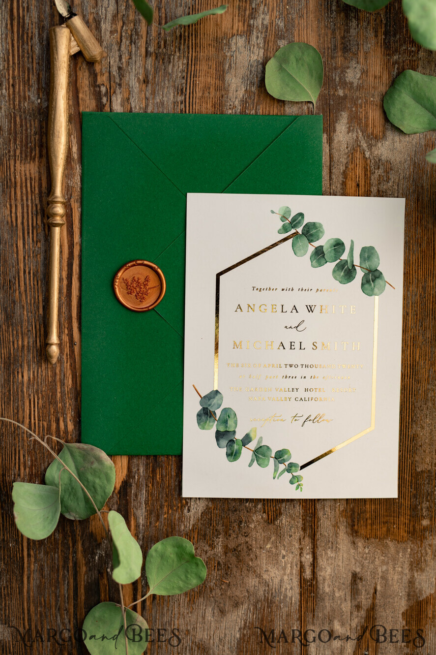 HOCHZEITS EINLADUNGEN Gold / Roségold / Silber / Glitzer Elegante Eukalyptus-Hochzeitseinladungen, glamouröse goldene Hochzeitskarten, maßgeschneiderte Grünpflanzen-Gold-Hochzeitseinladungen, minimalistische Hochzeitseinladungssuite.