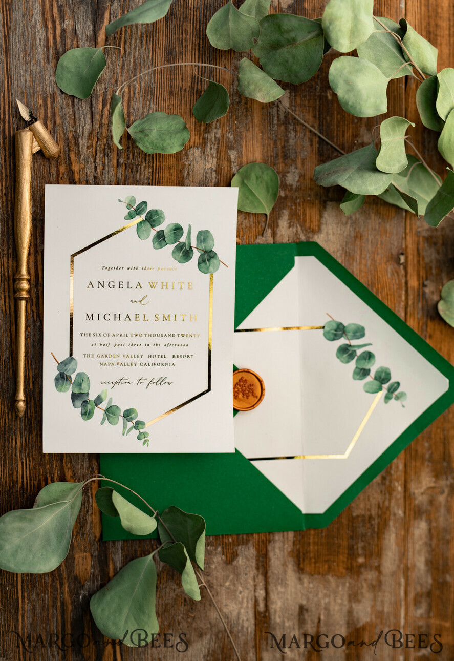 HOCHZEITS EINLADUNGEN Gold / Roségold / Silber / Glitzer Elegante Eukalyptus-Hochzeitseinladungen, glamouröse goldene Hochzeitskarten, maßgeschneiderte Grünpflanzen-Gold-Hochzeitseinladungen, minimalistische Hochzeitseinladungssuite.