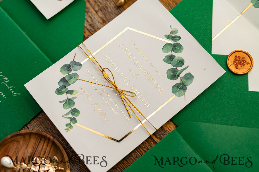 HOCHZEITS EINLADUNGEN Gold / Roségold / Silber / Glitzer Elegante Eukalyptus-Hochzeitseinladungen, glamouröse goldene Hochzeitskarten, maßgeschneiderte Grünpflanzen-Gold-Hochzeitseinladungen, minimalistische Hochzeitseinladungssuite.