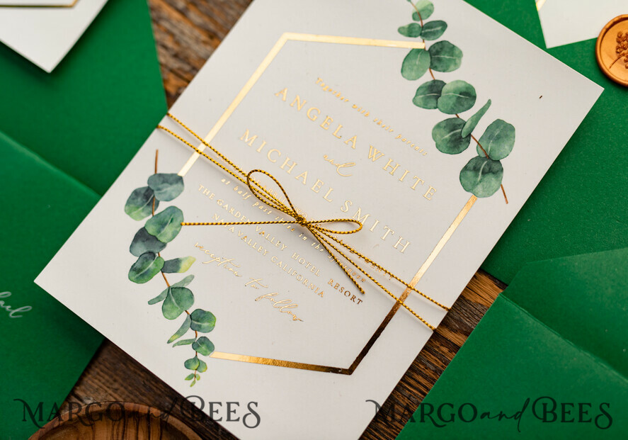 HOCHZEITS EINLADUNGEN Gold / Roségold / Silber / Glitzer Elegante Eukalyptus-Hochzeitseinladungen, glamouröse goldene Hochzeitskarten, maßgeschneiderte Grünpflanzen-Gold-Hochzeitseinladungen, minimalistische Hochzeitseinladungssuite.