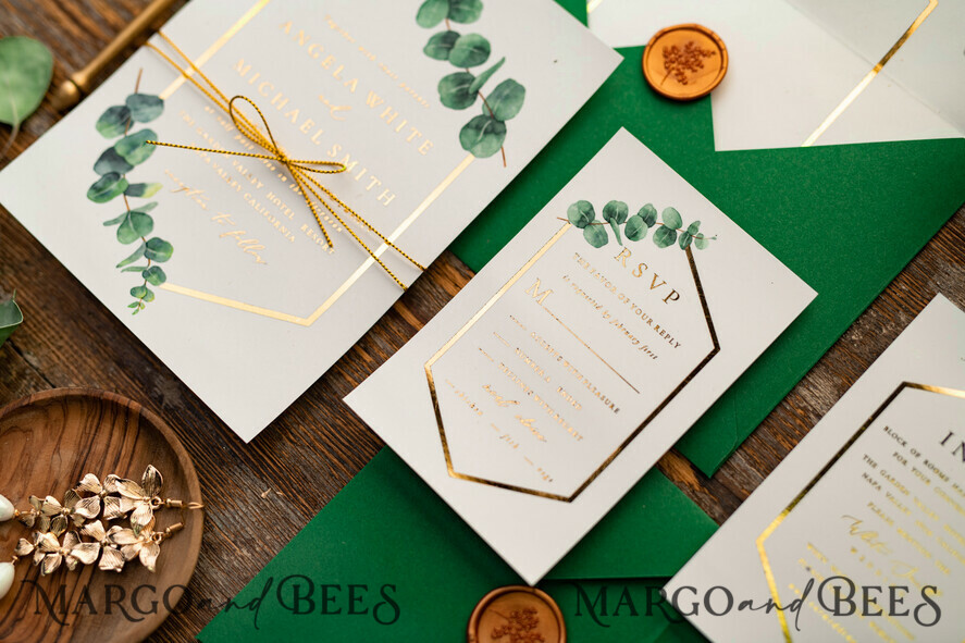 HOCHZEITS EINLADUNGEN Gold / Roségold / Silber / Glitzer Elegante Eukalyptus-Hochzeitseinladungen, glamouröse goldene Hochzeitskarten, maßgeschneiderte Grünpflanzen-Gold-Hochzeitseinladungen, minimalistische Hochzeitseinladungssuite.