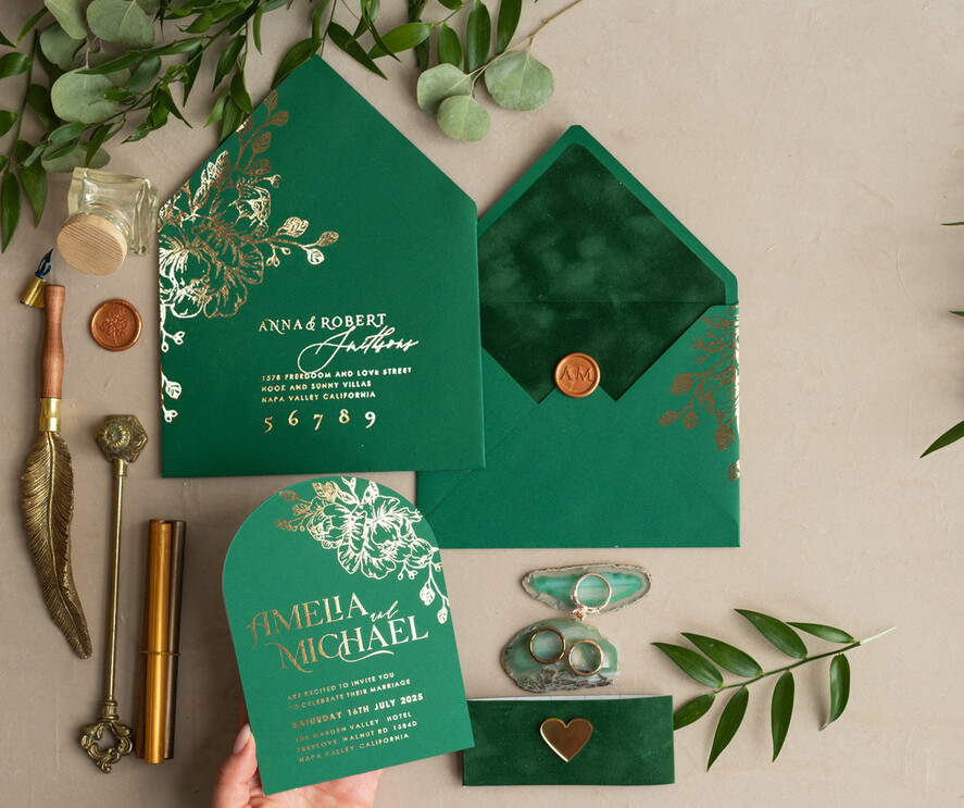 WEDDING INVITATIONS gold / rose gold / silver / glitter Arch Gold Greenery wedding invitation suite, Green Wedding Invites, Glamour Wedding Invitations, Greenery Wedding Set