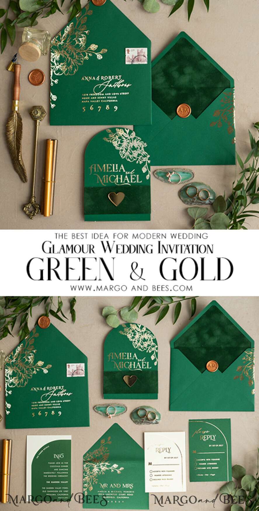 WEDDING INVITATIONS gold / rose gold / silver / glitter Arch Gold Greenery wedding invitation suite, Green Wedding Invites, Glamour Wedding Invitations, Greenery Wedding Set