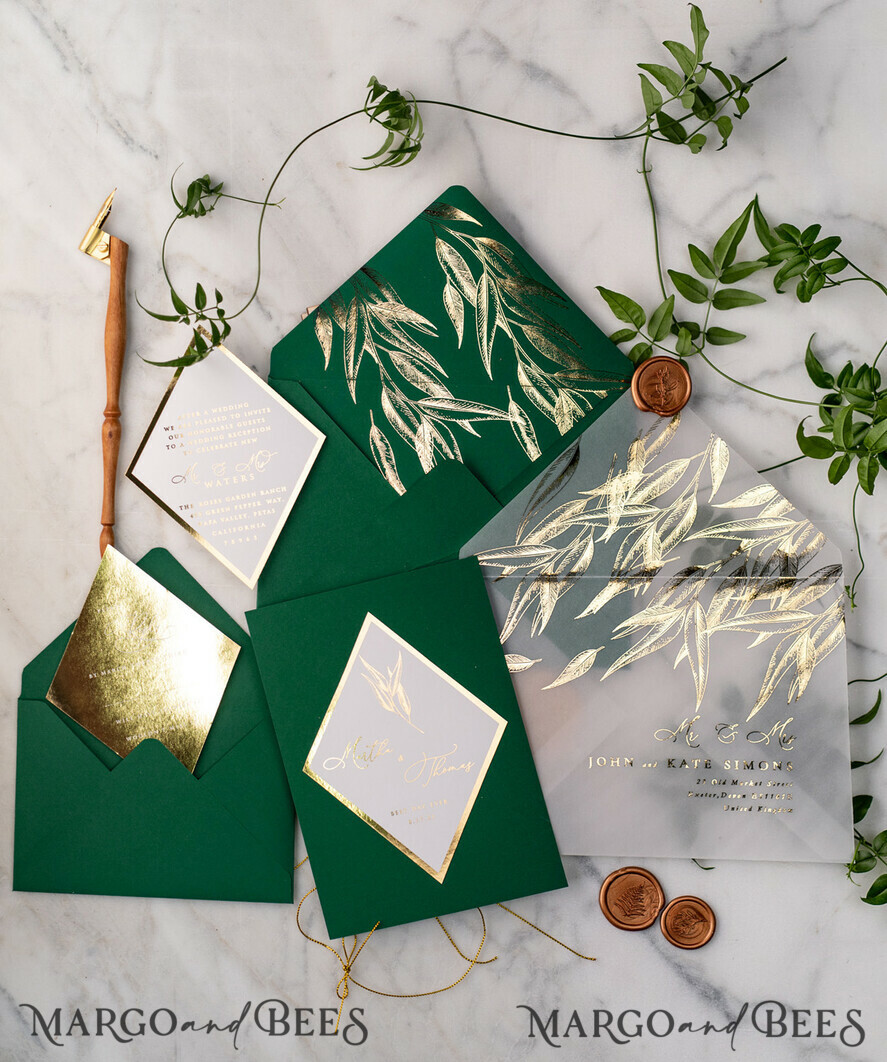 WEDDING INVITATIONS gold / rose gold / silver / glitter Green and Gold Luxury Wedding Invitations Eucalyptus Greenery Invites perfect for Greece Destination Wedding Cards