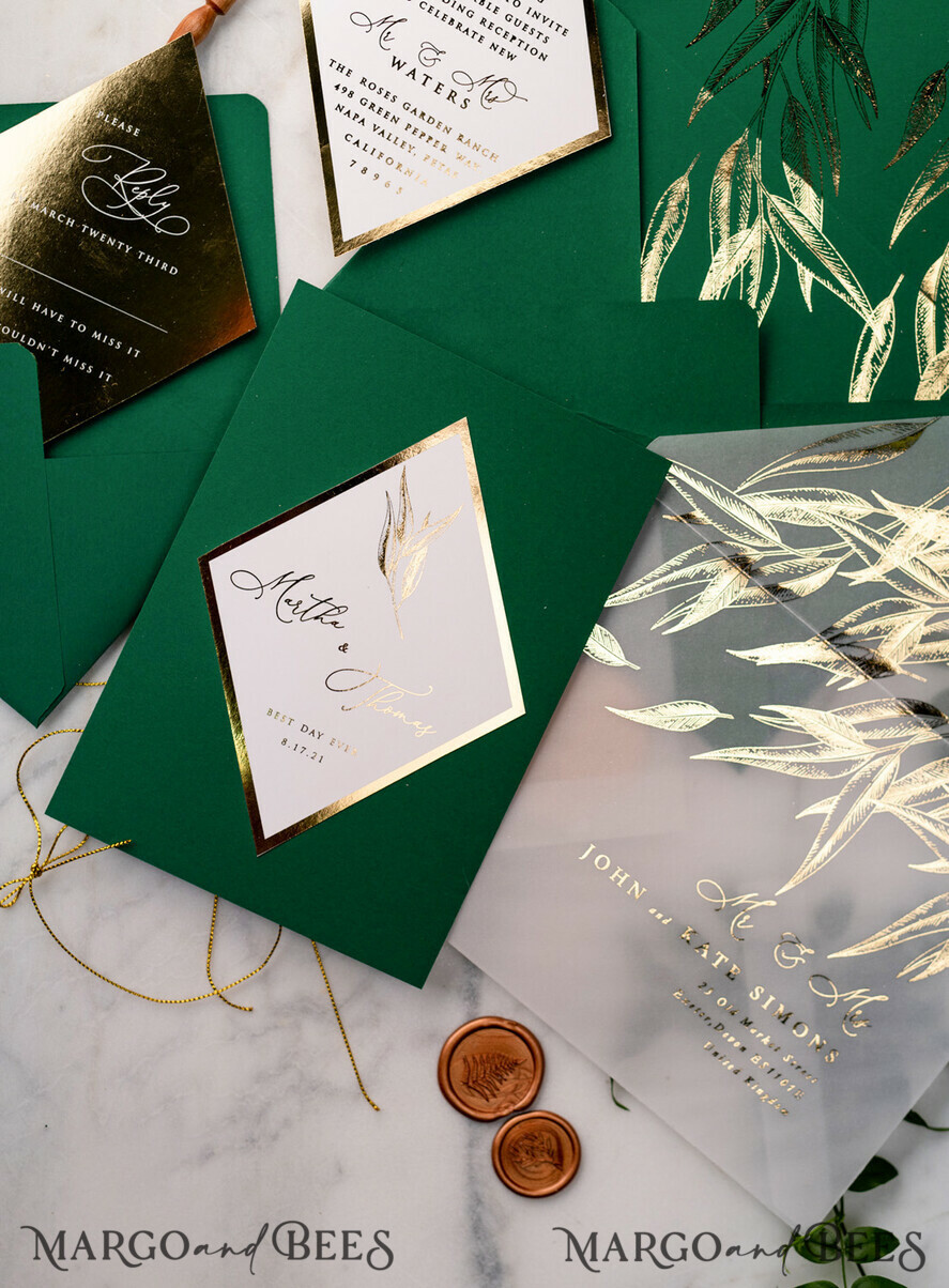 WEDDING INVITATIONS gold / rose gold / silver / glitter Green and Gold Luxury Wedding Invitations Eucalyptus Greenery Invites perfect for Greece Destination Wedding Cards