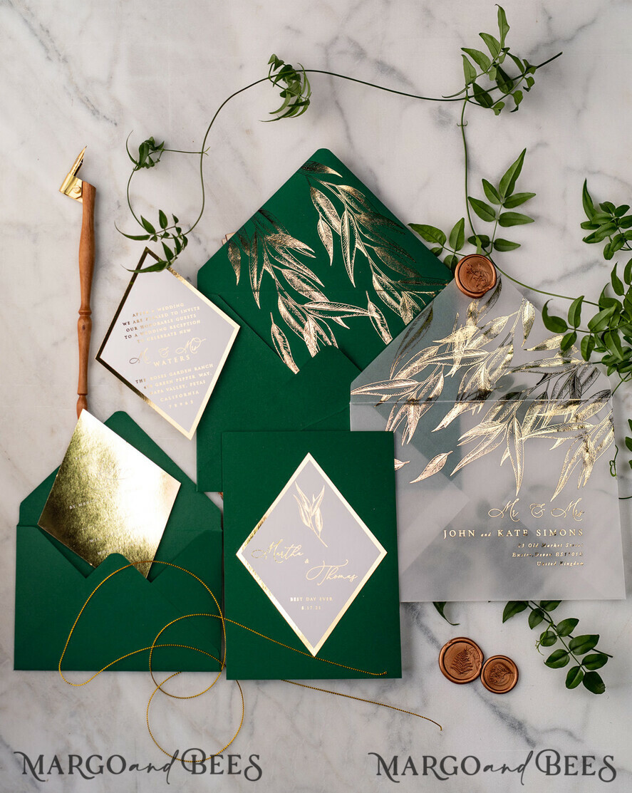 WEDDING INVITATIONS gold / rose gold / silver / glitter Green and Gold Luxury Wedding Invitations Eucalyptus Greenery Invites perfect for Greece Destination Wedding Cards